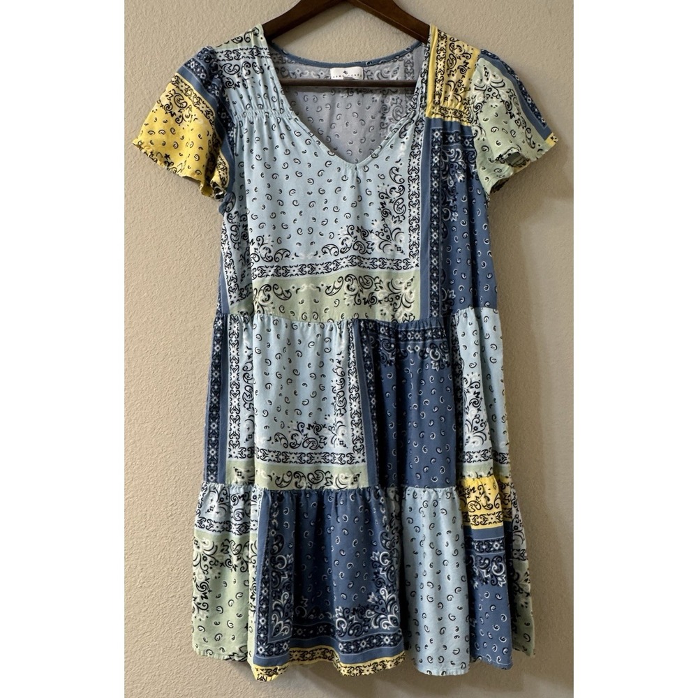 True Craft Women's Mini Tiered Dress Patchwork Boho Hippie XS Peasant